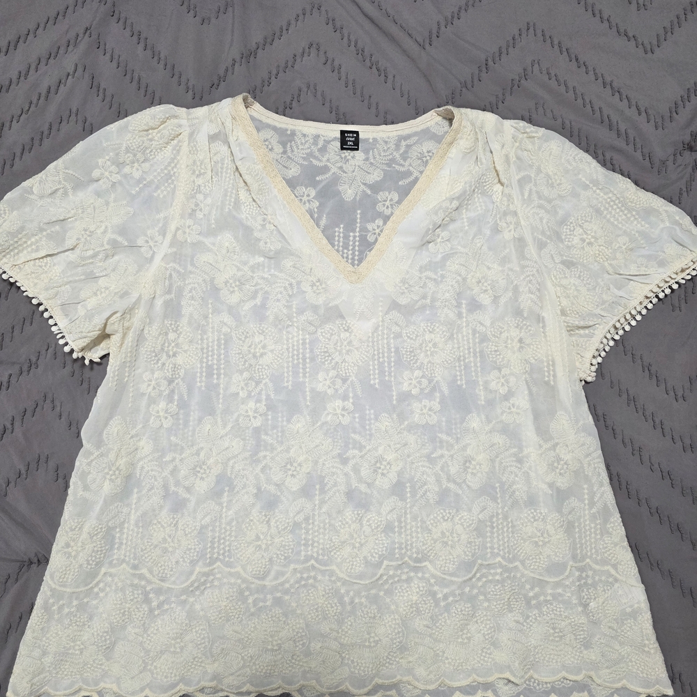 SHEIN Cream Lace V-Neck Blouse